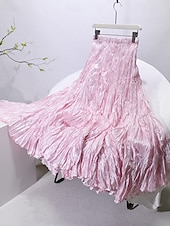 abordables Jupes unies-Femmes Jupe Évasé Mode Maxi Taille Basse Jupes Uni Froncé Micro-Élastique Rue Sortir Violet Noir Rose Crème Automne Polyester