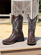 abordables Cowboy et bottes occidentales-bottes de cowboy mi-mollet brodées pour femmes, bottes western en similicuir pour les travaux agricoles, les célébrations des récoltes et les événements rustiques en plein air
