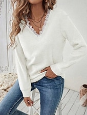 abordables Couleurs unies-Femmes Haut d&#039;épissage en dentelle Couleur Unie Élégant Occasionnel manche longue Col en V Hauts Réguliers Quotidien Dentelle Patchwork Noir Blanche Bleu Beige Gris Printemps Automne Hiver