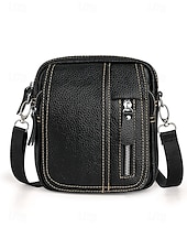 cheap Men&#039;s Bags-Men&#039;s genuine leather messenger bag with zipper pocket, Retro style, Can be inserted into the belt to use as a waist bag, Suitable for outdoor travel, Hiking, Camping or western cowboy wear