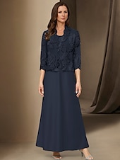 preiswerte Mit Jacke-A-Linie 3-teiliges Mutter der Braut Kleid Elegant Einfach Leger Boot-Ausschnitt Knöchellang Chiffon Langarm mit Spitze