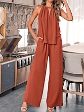 abordables Ensembles-Femmes Élégant Mode Streetwear Ensembles en coton et lin Sans manches Col Halter Couleur Unie Extérieur Travail Occasionnel Noir Vin Vert Véronèse Été Coupe régulière