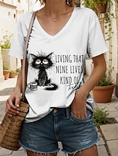 economico Maglietta di Umorismo &amp; Citazioni-Per donna Maglietta Grafico Animale Gatto Vintage Elegante Classico Manica Corta Scollo a V Top Regolari Quotidiano Stampato Nero Bianco Rosa Rosso Blu Estate Primavera