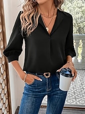 abordables Blusas Sencillas-Mujer Blusa Color sólido Elegante Básico Casual Manga 3/4 Cuello Camisero Tops regulares Oficina Trabajo Negro Vino Verde Trébol Verano Primavera Otoño