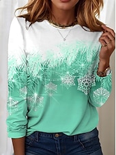 abordables Camiseta floral-Sudadera de mujer con estampado de copos de nieve de invierno, manga larga, cuello redondo, azul degradado, informal, cómoda, ajuste regular, temporada festiva, top acogedor