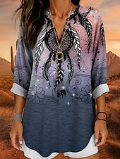 preiswerte Damen Boho Tops-Damenbluse Langarm Tunika Tops Graphic Bohemia Vintage Tropical V-Ausschnitt Reguläre Tops Tägliche Urlaub Strandbekleidung Druck Blau Lila Braun Grün Sommer Frühling