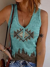 billige Boho tank topp-Dame Camisole Tank Top Grafisk Geometrisk Bohem Årgang Stilfull Ermeløs Ermeløs V-hals Crop Tops Daglig Trykt mønster Blå Brun Kakifarget Sommer Vår