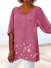 billige Blomstrete topper-Damebluse Langermet Asymmetrisk Hem Floral Grafisk Blad Hawaii Stilfull Casual 3/4 Lengde Ermer V Hals Vanlige Topper Daglig Ferie Utendørs Trykk Asymmetrisk Hem Gul Lys Lilla Fuksia