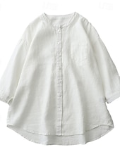 abordables Hauts Unis pour Femmes-Chemisier Femme à Boutonnage Quotidien Rétro Vintage Décontracté à Manches 3/4 Col Ras du Cou Hauts de Travail Quotidiens Bleu Clair Vert Forêt Chanvre Blanc Été Printemps Automne