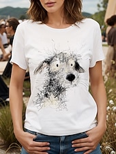abordables T-shirt Animaux-Femmes T-shirt Graphique Animal Chien ancien Élégant Classique Manche Courte Col ras du cou Col rond Hauts Réguliers Quotidien Week-end Imprimé Noir et blanc Blanc / Noir Blanche Rose Claire Rouge