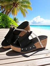 abordables Sandales de Vacances-Sandales compensées en liège noir et blanc pour femmes avec des accents de strass, chaussures d&#039;été décontractées à enfiler pour les sorties à la plage et les tenues de vacances