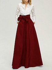 baratos Comprimento do chão-vestido formal preto e branco, linha A, vestido-camisa para mãe da noiva, elegante, simples e minimalista, gola estilo camisa, comprimento até o chão, renda elástica, tafetá, manga comprida com