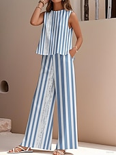 cheap Sets-Women&#039;s Elegant Fashion Streetwear Two Piece Sets Blouse Vest Pants Trousers Sleeveless Crew Neck Outdoor Work Casual Striped Print Vacation Daily Holiday Blue Gray Light Blue Summer Regular Fit