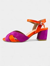 abordables Sandalias de tacón-Sandalias de tacón grueso con bloques de color para mujer: zapatos de punta abierta de gamuza y piel sintética vibrantes para citas informales y atuendos de verano.