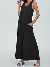 olcso alkalmi kombiné-Női Szabályos Jumpsuitek Utcai sikk Tömör szín Ujjatlan U-alakú Gombok Zseb Utca Napi Normál Fekete Sötétkék Medence Nyár