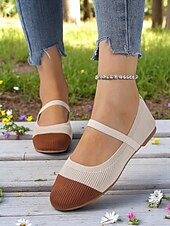 preiswerte Ballerinas für Damen-Zweifarbige Damen-Ballerinas aus Strick mit Riemen – atmungsaktive, lässige Mary-Jane-Schuhe für den Alltag, Spaziergänge und Frühlingsausflüge