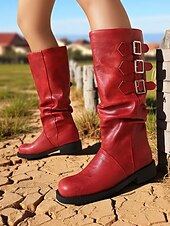 olcso Slouch Boots-Női barna műbőr térdig érő csizma tripla csatos pántokkal – western lovagló stílus őszi szettekhez, farmi napokra és szabadtéri viseletre