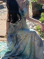 voordelige Elegante bloemenjurken-Dames Lange jurk maxi-jurk Jurk met print Modern Vakantie Feestdagen Teaparty Normale pasvorm Bloem Mouwloos V-hals Groen Zomer