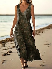 abordables Robes Floraux Imprimés-Femmes Robe Longue Maxi Robe Robe Décontractée Robe débardeur Robe d&#039;été africain Quotidien Fête Plage Coupe régulière Fleuri Sans manches Col en V Jaune Bleu Vert foncé Vert Été