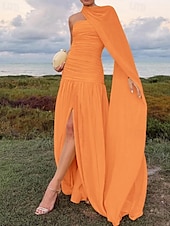 abordables JAUNE-Ligne A Robe de Soirée Élégant Robe Formel Mariage Longueur au sol Sans manches Épaules Dénudées Chiffon avec Froncé 2025
