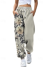 abordables pantalones cargo de mujer-Mujer pantalones Corte Recto Ropa de calle Casual Longitud total Cintura Media Flor Bolsillo Estampado Diseño de cordón elástico Al Aire Libre Cómodo Exterior Noche Gris Amarillo Rosa Verde Ejército