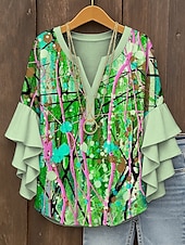abordables Hauts d&#039;Art et de Design pour Femmes-Femmes Chemisier Graphique Abstrait Bohème ancien Quotidien Manche 3/4 Col en V Hauts Réguliers Quotidien Fête Vêtements de vacances Imprimé Jaune Rouge Bleu Violet Vert Été Printemps Automne