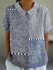 tanie Damskie topy w paski i geometryczne-Damskie Bluzka Graficzny Geometryczny Codzienny Elegancki Krótki rękaw Kołnierzyk koszuli Zwykłe topy Codzienny Święto Guziki Nadruk Rumiany róż Niebieski Lato Wiosna