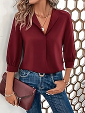 abordables Blusas Sencillas-Mujer Blusa Color sólido Elegante Básico Casual Manga 3/4 Cuello Camisero Tops regulares Oficina Trabajo Negro Vino Verde Trébol Verano Primavera Otoño
