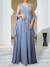 economico Abiti da sposa-Linea ad A Abiti per invitati a matrimoni Elegante Vestito Ospite di nozze Fidanzamento Lunghezza al pavimento Senza Maniche Scollo a V Chiffon con Applicazioni Scialle 2025