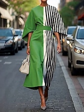 abordables Robe Rayée et Géométrique-Femmes Robe Midi Robe fourreau ancien Occasionnel Robes semi-formelles Coupe régulière Graphique Géométrique Manche 3/4 Col ras du cou Magenta Colourful Vert cendré Vert Été Printemps Automne