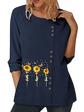 billige Skjorter-Dame Bluse Blomstret Grafisk Planter Elegant Årgang Mote Langermet Crew-hals Vanlige topper Daglig Ut på byen Helg Hvit Blå Mørkeblå Høst
