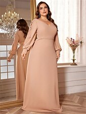 preiswerte BLAU-A-Linien Plus Size Kleider Elegantes Kurvenkleid Formelles Hochzeitsbodenlänges Langärmel V-Ausschnitt Chiffon mit Perlen 2025