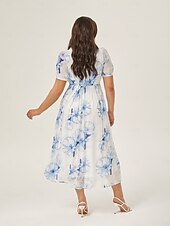 abordables Robes fleuries élégantes-robe longue en mousseline délavée à fleurs bleues