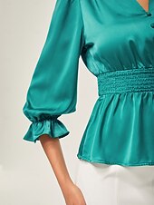 abordables Chemises et blouses-élégant chemisier cintré en satin vert lac