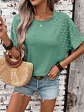 abordables T-shirt uni-Femmes T-shirt Uni Mode Élégant Classique Manche Courte Col ras du cou Hauts Réguliers Quotidien Week-end Patchwork Vert Été Printemps