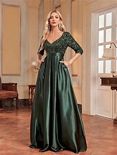 cheap BLACK-A-Line Quinceanera Dresses Elegant Dress Formal Wedding Floor Length Long Sleeve V Neck Polyester with Sequin