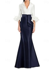 preiswerte SCHWARZ-schwarz-weißes Abendkleid Meerjungfrau/Trompete Abendkleid elegantes Kleid formelle Hochzeit bodenlang Halbarm Hemdkragen Stretch-Satin mit Rüschen 2025