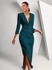 preiswerte Bodenlänge-Blazer-Kleid Meerjungfrau  Trompete Brautmutter Kleid Krepp Smoking Kleid Elegantes Hochgeschnittenes Schalkragen Bodenlang 3/4 Ärmeln mit Gürtel Farbblock Einfarbig 2025
