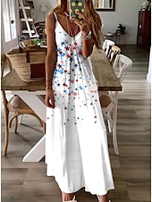 cheap Independence Day Dress-Independence Day Women&#039;s Patriotic Fourth of July Maxi Dress A Line Dress Slip Dress Vacation Casual Daily Holiday Graphic American Flag Sleeveless V Neck Spaghetti Strap White Red Sky Blue