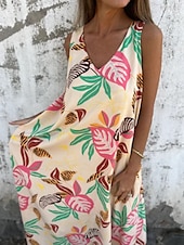 abordables Robes fleuries-Femmes Robe maxi Robe trapèze Robe Nuisette Vacances Occasionnel Boho Extérieur Sortir Coupe régulière Fleuri Sans manches Col en V Bleu Abricot Beige Été