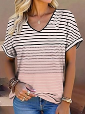 cheap Stripe&amp;Geometric tee-Women&#039;s T Shirt Graphic Geometric Striped Stylish Modern Casual Short Sleeve V Neck Regular Tops Daily Print Pink Blue Purple Green Summer Spring