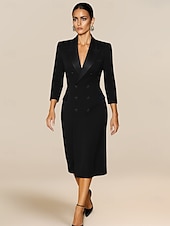 cheap Floor Length-Sheath / Column Blazer Dress Mother of the Bride Dress Elegant Tuxedo Dress Simple Minimalist V Neck Satin Lapel Floor Length Stretch Crepe 3/4 Length Sleeve with Covered Buttons and Pockets