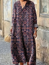 levne Boho šaty-Dámské Midi šaty Letní šaty Áčkové šaty prázdniny Na běžné nošení Jdeme ven Grafika Kašmírový vzor Dlouhý rukáv Do V Námořnická modř Léto Jaro