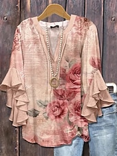 preiswerte Blumenoberteile-Damen Bluse Blumen Grafik Gestreift Elegant Bohemien Ethnisch Dreiviertelarm V Ausschnitt Normale Oberteile Täglich Ferien Urlaubskleidung Rüsche Druck Rosa Blau Staubiges Blau Grün Khaki Sommer