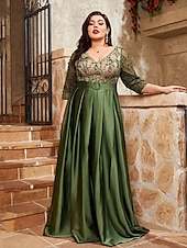 economico VERDE-Abito da sera A-Line elegante abito formale da matrimonio lungo fino al pavimento maniche a 3/4 scollo a V satinato schiena a V con pieghe