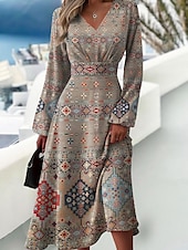 ieftine rochie florală-Pentru femei Rochii Midi Rochie A line Rochii Semi Formale Birou Fit regulat Imprimare de marmură Manșon Lung În V Roz Îmbujorat Kaki Gri Vară