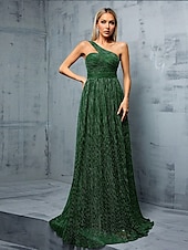 levne zelená-Šaty A-line Quinceanera Elegantní Šaty Formální Svatba Dlouhé Bez Rukávů Jedno Rameno Polyester s Plisováním