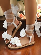 cheap Casual-Women&#039;s White Flower Lace-Up Flat Sandals, Casual Wedding Style, Beach Bride Shoes with Ribbon Straps and Floral Details