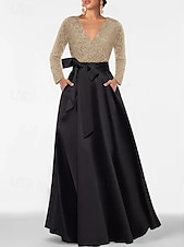 baratos PRETO-Vestido de noite elegante e formal com lantejoulas, corte A, para convidada de casamento, comprimento até o chão, manga comprida, decote em V, bolso, cetim com fenda brilhante 2025