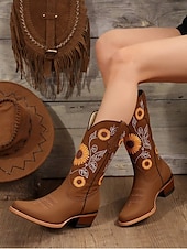 preiswerte Cowboy &amp; Western Stiefel-Damen Western Cowboystiefel mit Sonnenblumenstickerei – Vintage Kunstleder Festivalstiefel mit Gürteldetail für Musikfestivals und Freizeit